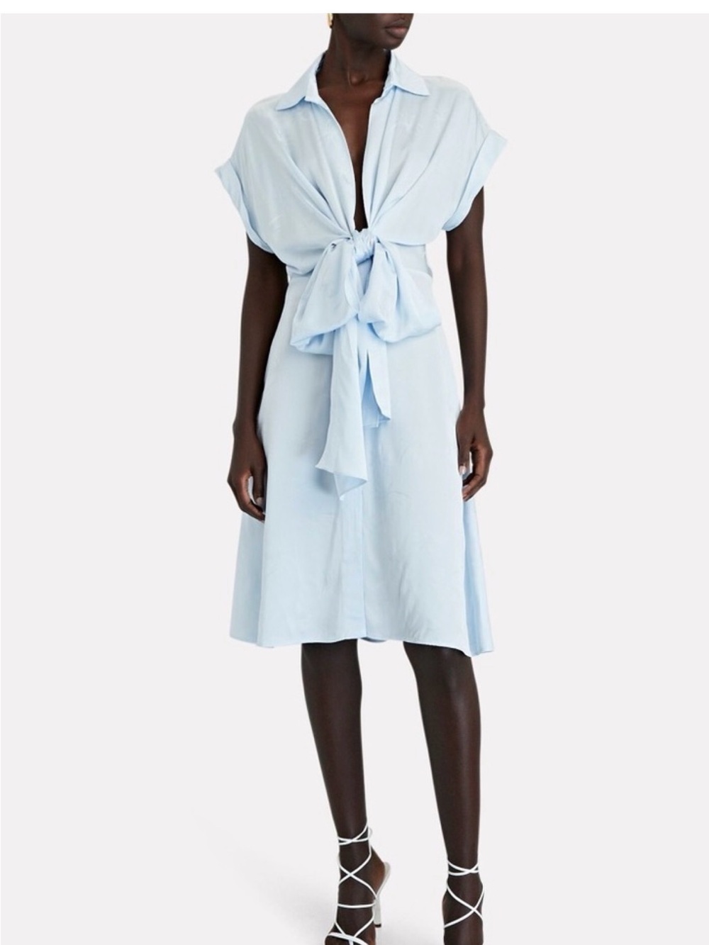 Silvia Tcherassi Jacquard Satin Palm Leaf Midi Blue Dress Sz M Tie-Front Pockets